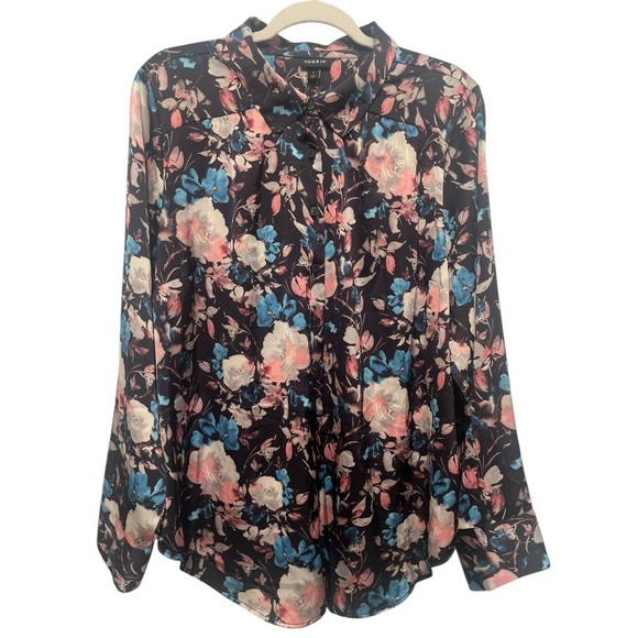 TORRID Madison Long Sleeve Floral Satin Black Button Up Shirt size 1 (14-16) - Picture 2 of 11